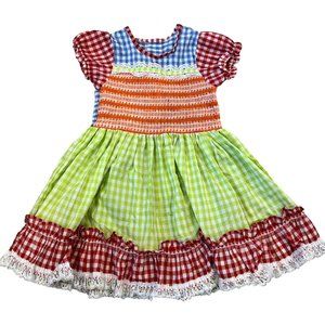 Vintage Smocked Toddler Dress Gingham Rainbow Multi Color Lace Full Circle